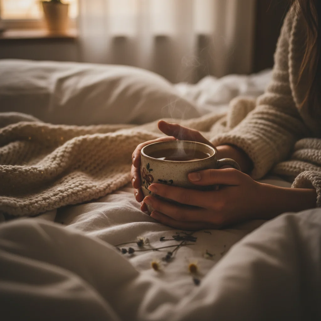 Mains tenant une tasse de thé dans un lit douillet