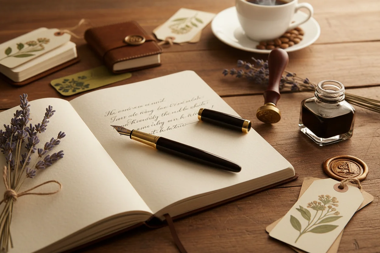 Journal ouvert avec stylo et café sur un bureau en bois