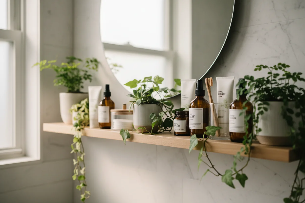 Produits de soin naturels sur une étagère de salle de bain